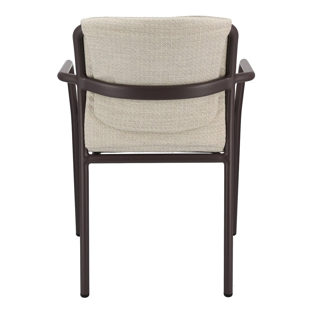 Kantoorstoel met beige bekleding en zwarte frame, geschikt voor kantoor of vergaderruimte.