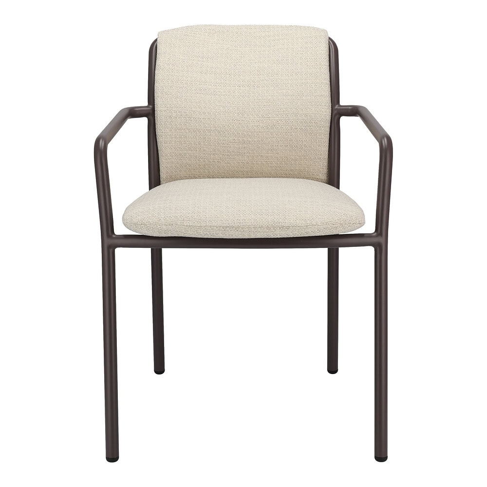 Kantoorstoel met beige bekleding en zwarte frame, geschikt voor kantoor of vergaderruimte.